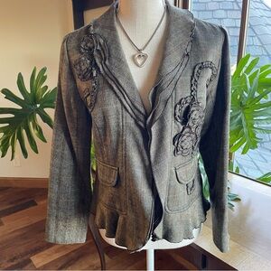 Vintage Y2K Tweed Blazer Jacket with 3D Floral Accents Peplum Hem Hourglass Fit